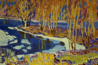 Vibrant Frozen River oil painting by Anatoly Fomin, impressionist winter scene