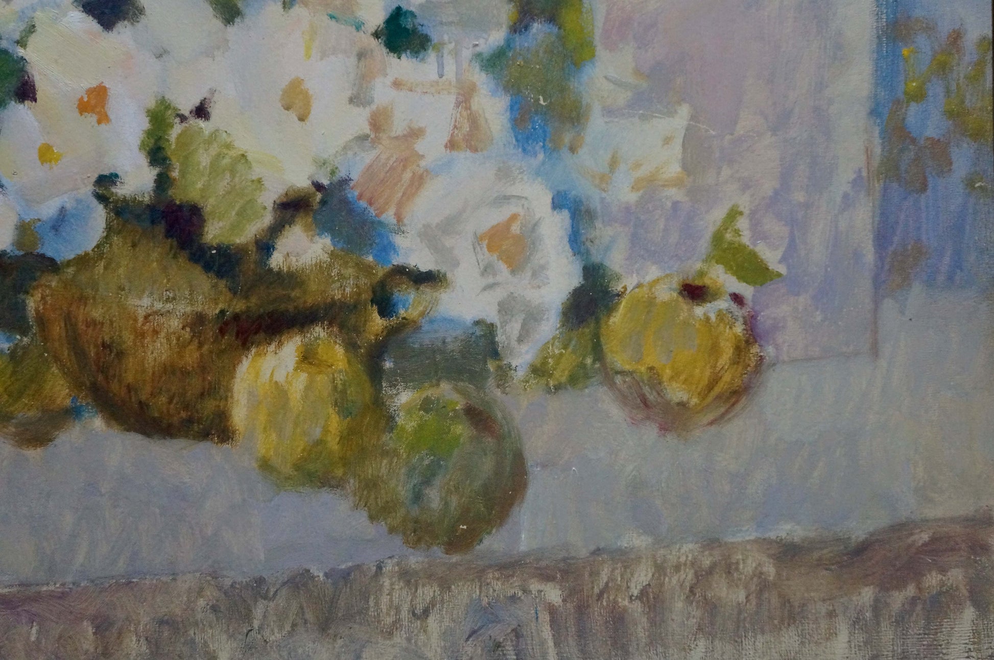 Oil painting of white flowers and yellow pears in bowl by Zhurakovsky Victor Petrovich