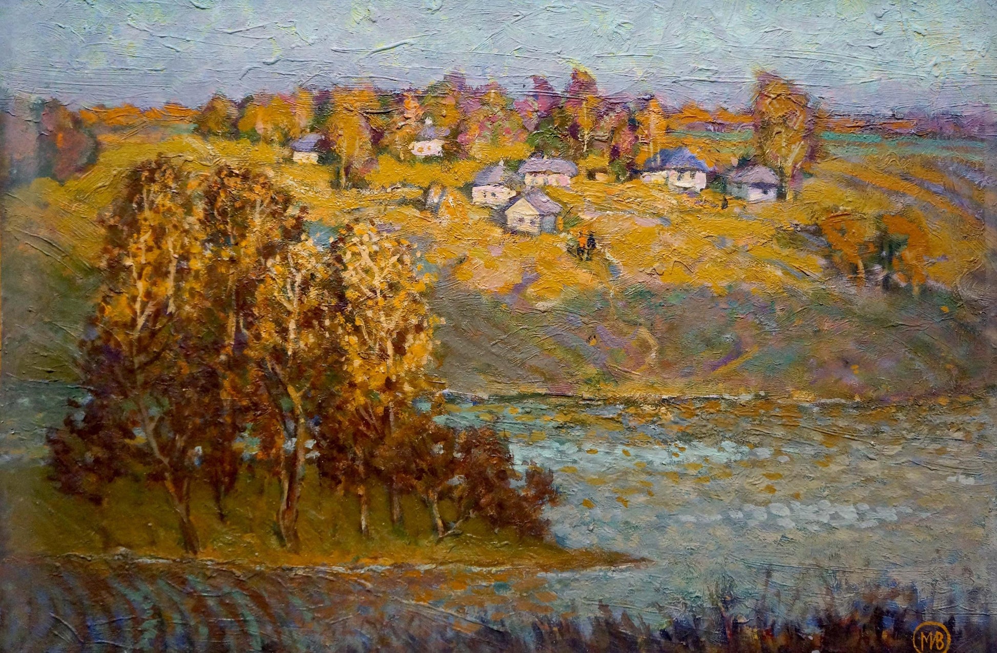 Oil painting Radiant day by Miroshnichenko Ivan Vasilievich: autumn landscape with golden trees, river, houses, textured sky