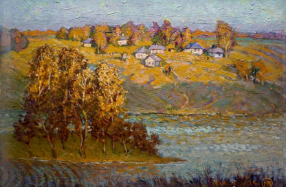 Oil painting Radiant day by Miroshnichenko Ivan Vasilievich: autumn landscape with golden trees, river, houses, textured sky