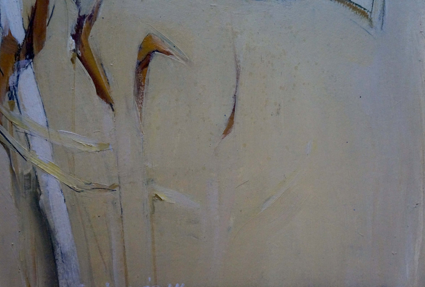 Abstract oil painting of beachfront with beige ochre brown textured brushstrokes