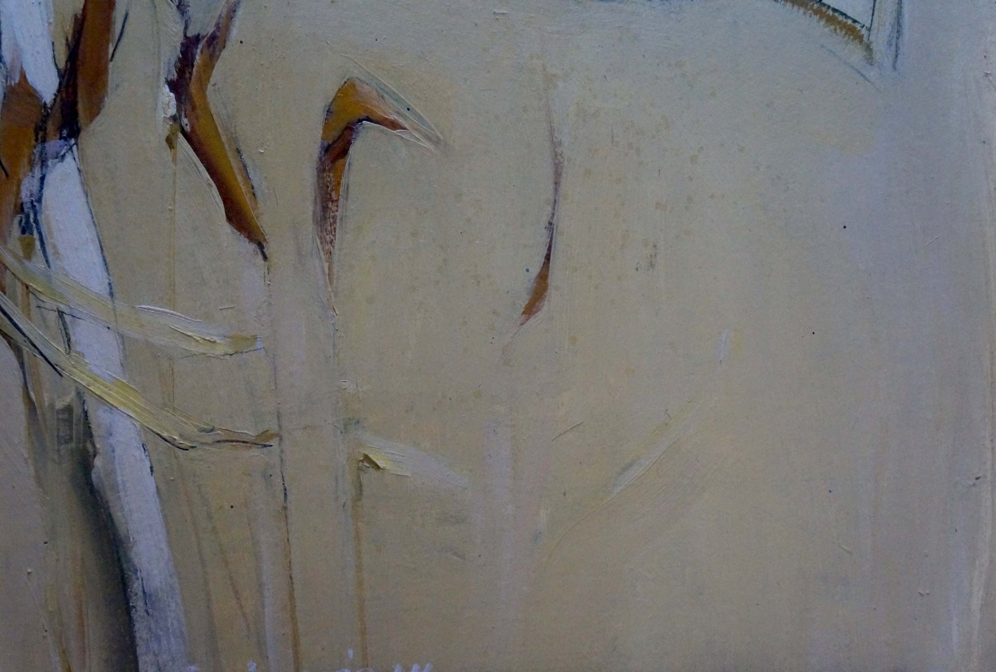 Abstract oil painting of beachfront with beige ochre brown textured brushstrokes