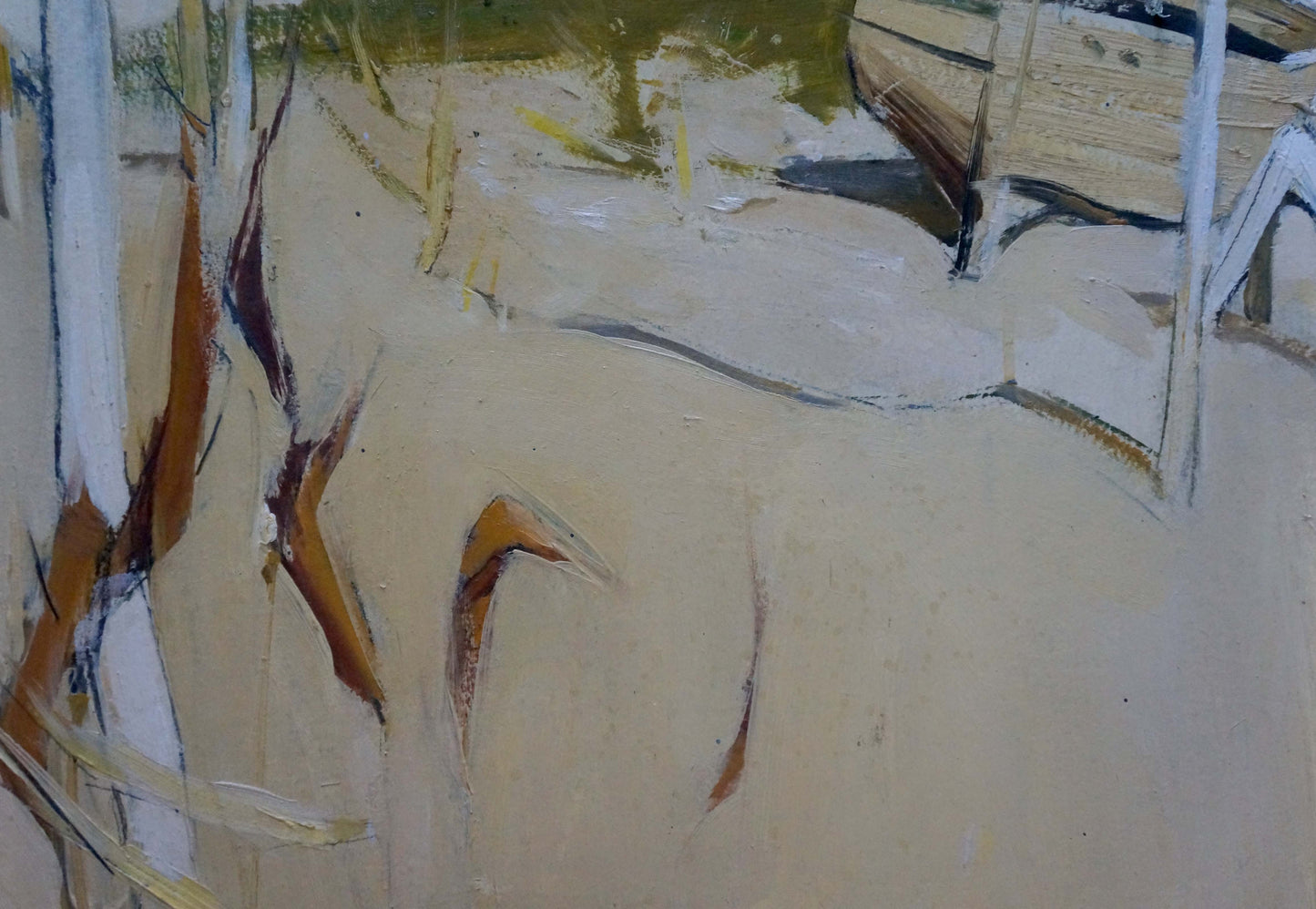 Oil painting Beachfront Location with beige ochre white textured brushstrokes