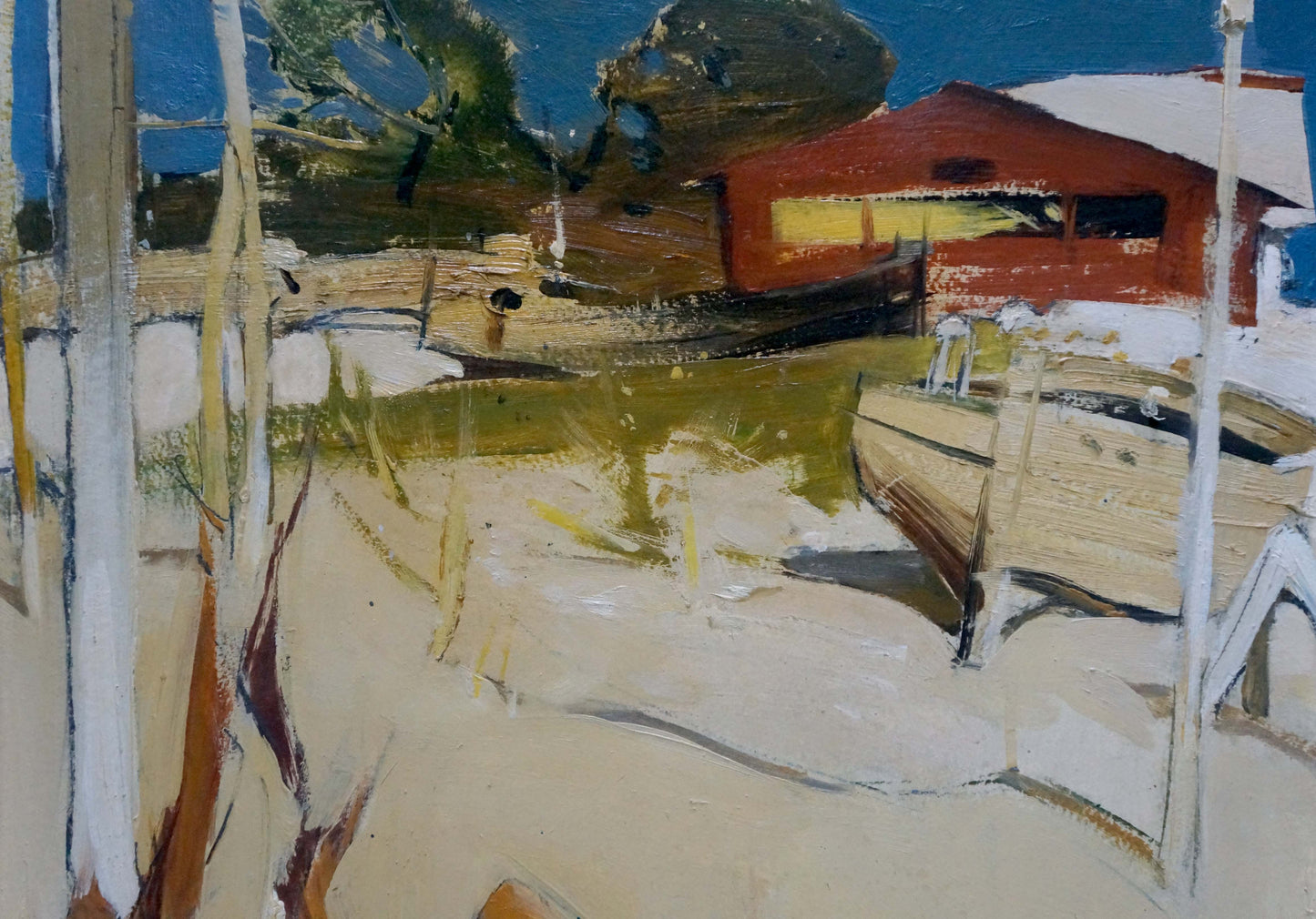 Vibrant red beachfront oil painting with white roof, yellow window, blue sky