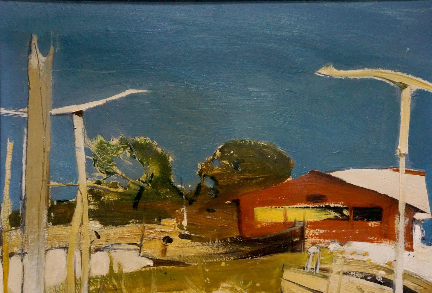 Vibrant red and white oil painting of beachfront house with sloped roof under blue sky