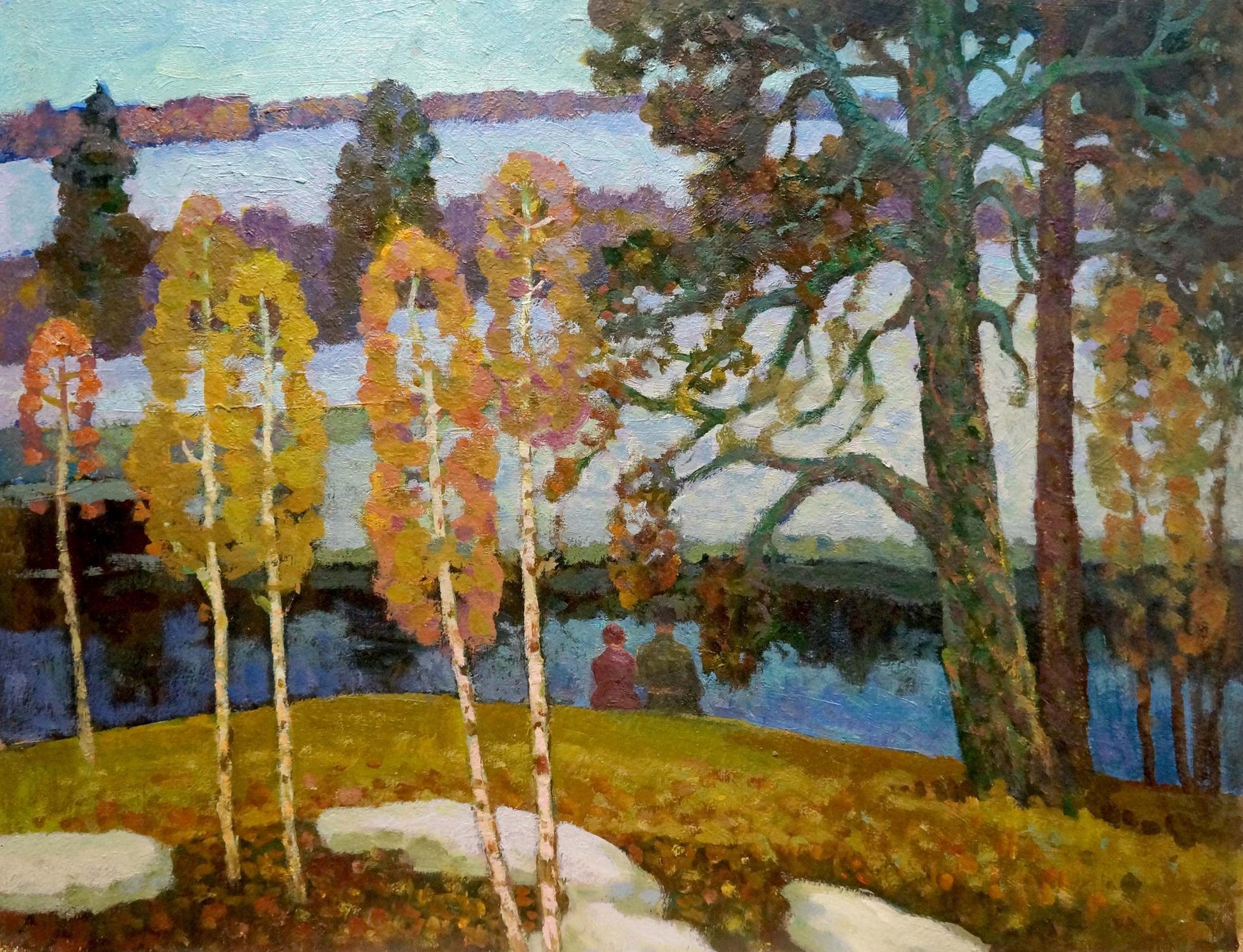 Oil painting of autumn birches by lake by Ruban Grigory Savelievich