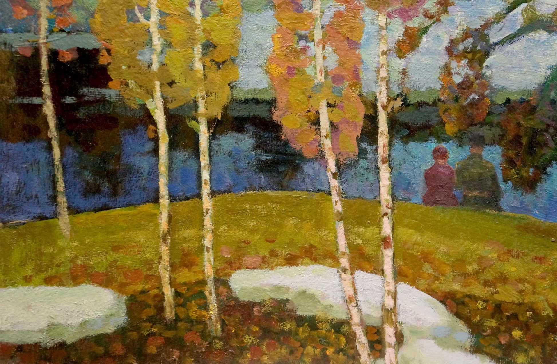 Oil painting of autumn birches by river by Ruban Grigory Savelievich