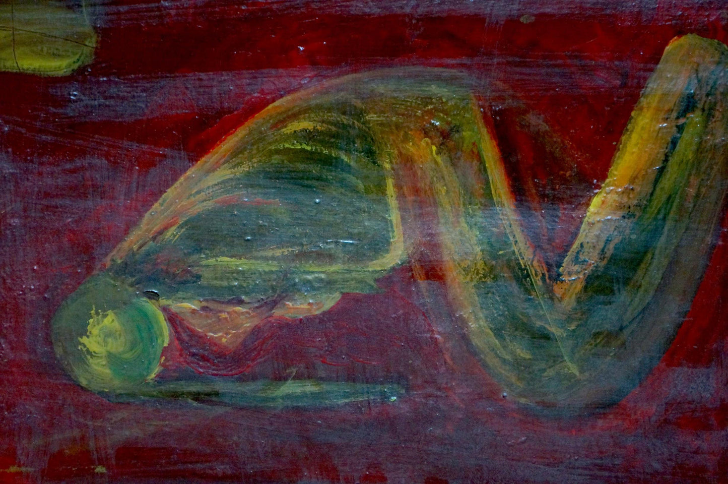 Oil painting Thoughts by Sirenko Valentin Stepanovich, green-yellow swirls on red
