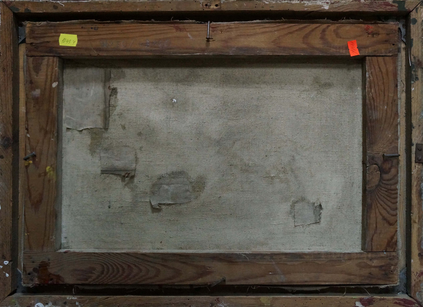 Back of weathered wooden frame with faded patchy canvas, Thoughts by Sirenko Valentin Stepanovich