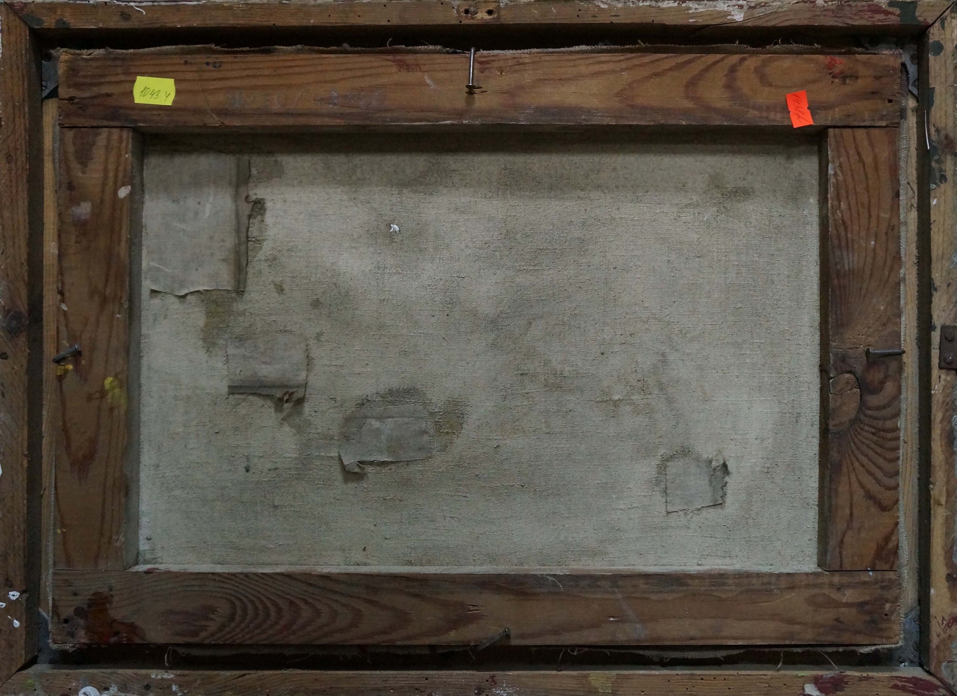 Back of weathered wooden frame with faded patchy canvas, Thoughts by Sirenko Valentin Stepanovich
