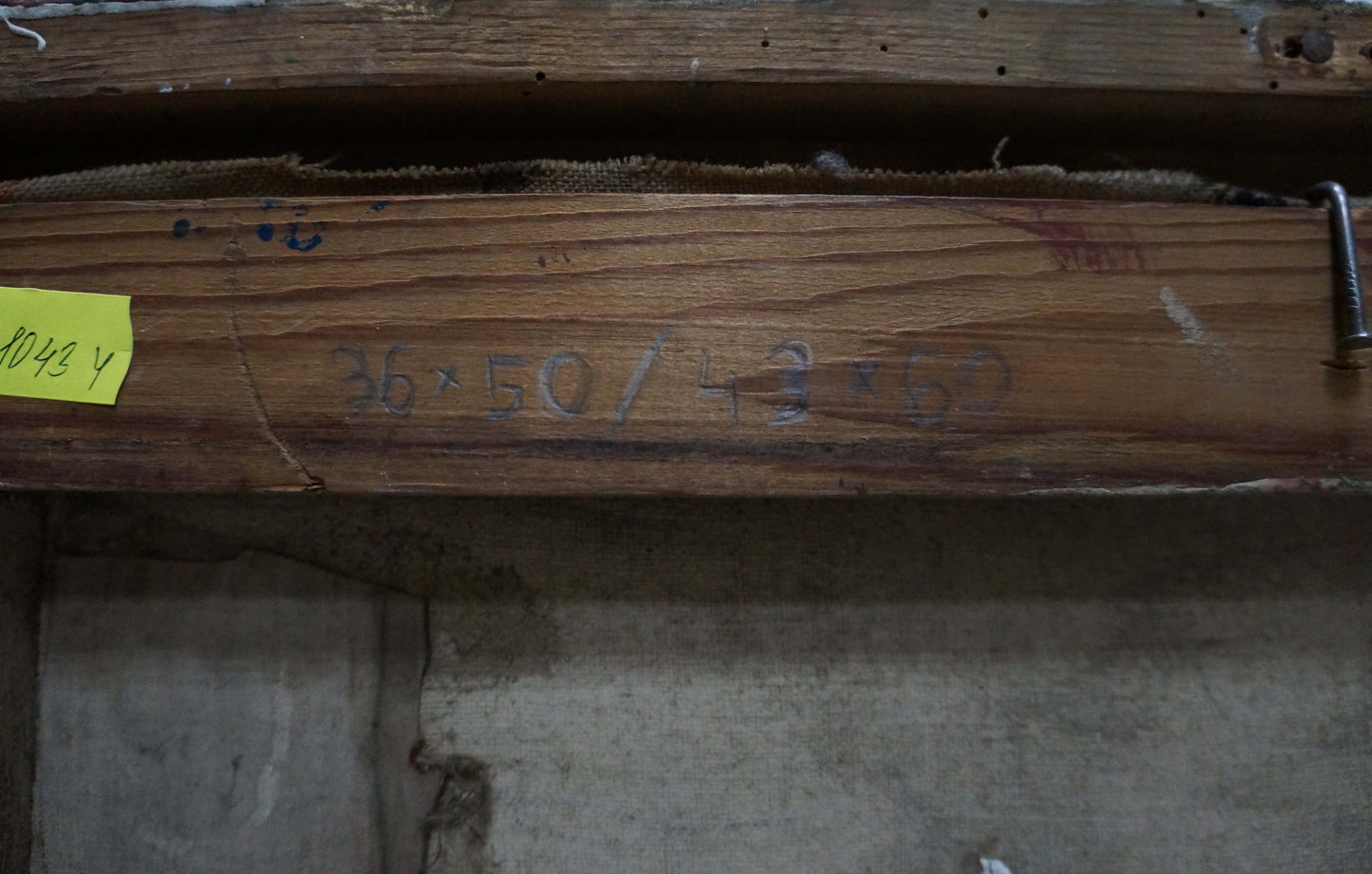 Back of Sirenko Valentin Stepanovich oil painting with weathered beam and note