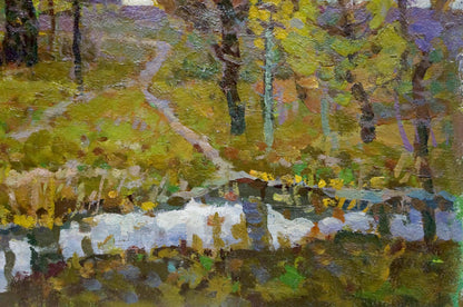 Vibrant impressionist oil painting of autumn forest stream by Ruban Grigory Savelievich