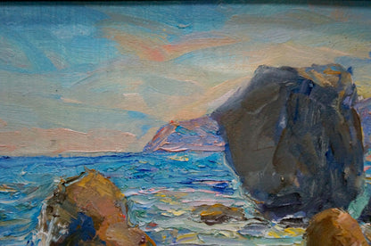 Oil painting by Kalashnik Dmitry Nikolaevich: waves breaking on rugged rocks