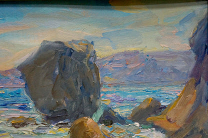 Oil painting of waves breaking on gray brown rocks by Kalashnik Dmitry Nikolaevich