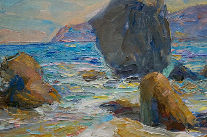 Oil painting by Kalashnik Dmitry Nikolaevich: waves breaking on rugged rocks