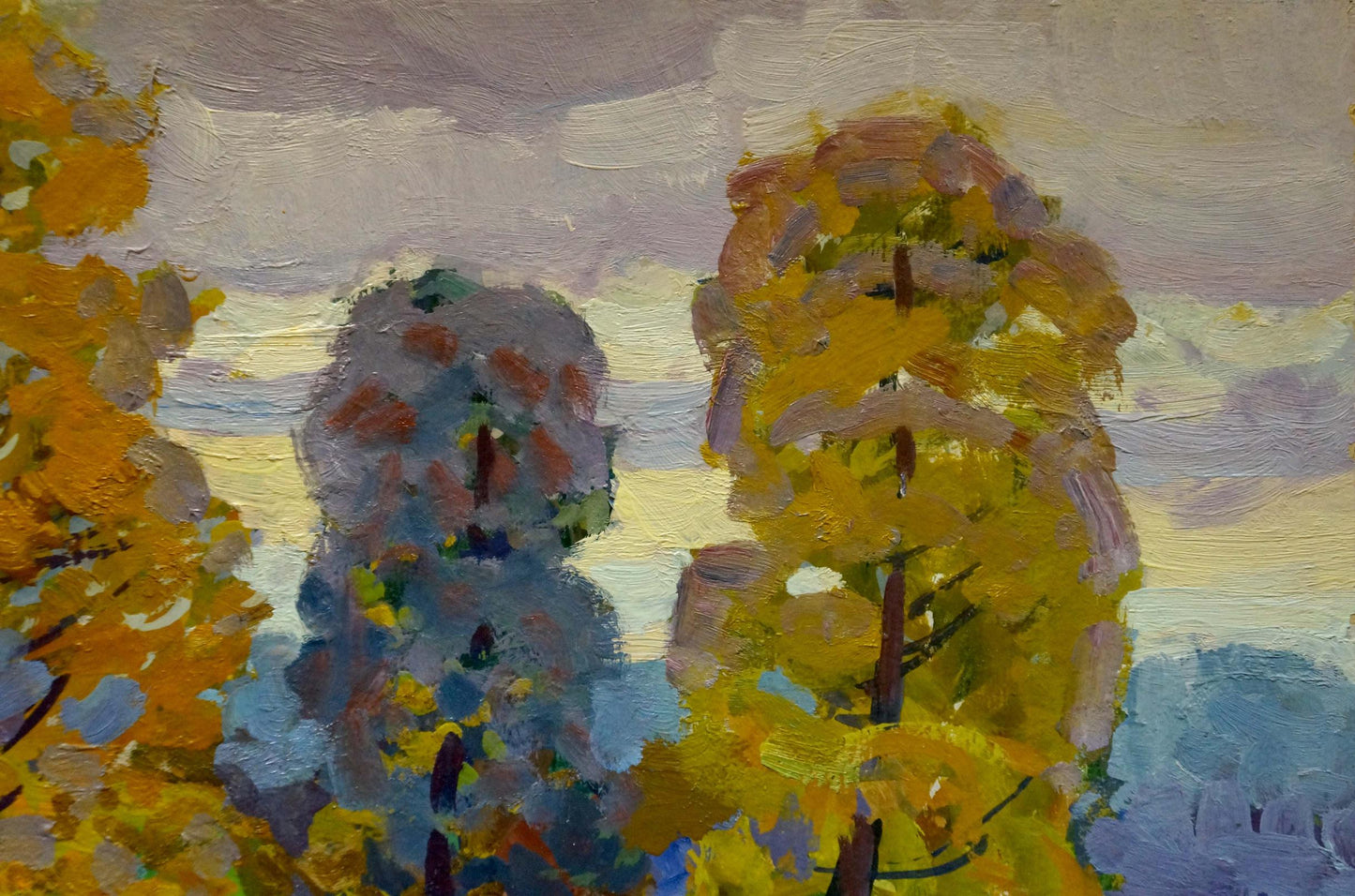 Oil painting Paths through the golden forest by Grigory Ruban, impressionistic autumn trees