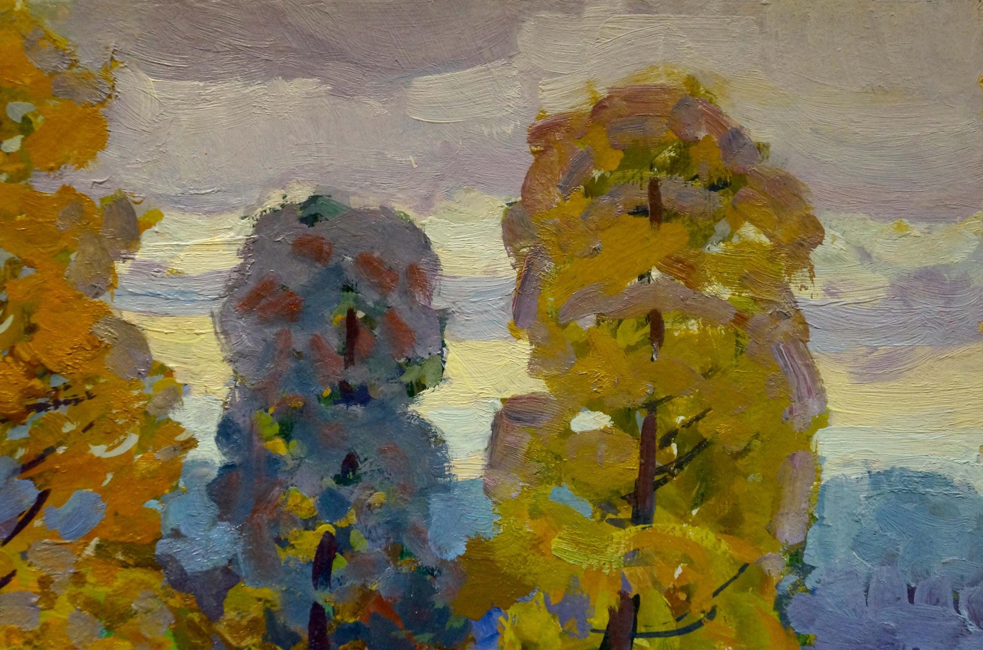Oil painting Paths through the golden forest by Grigory Ruban, impressionistic autumn trees