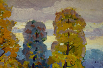 Oil painting Paths through the golden forest by Grigory Ruban, impressionistic autumn trees