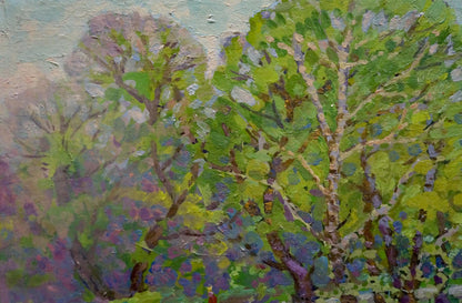 Oil painting Path in the Grove by Ruban Grigory Savelievich, lush green trees in impasto