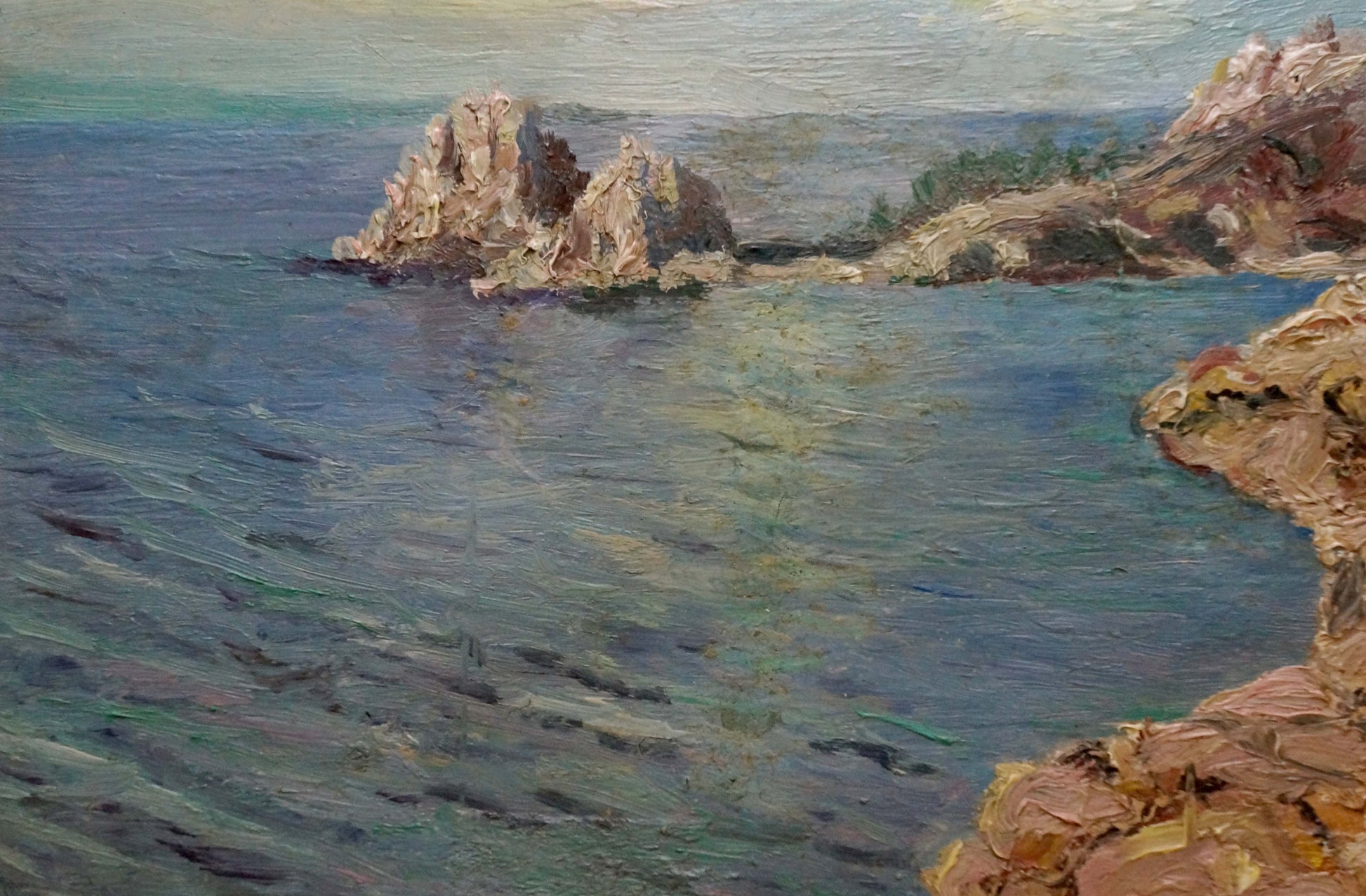 Textured oil painting of rugged cliffs, turbulent sea, sun and clouds by unknown artist