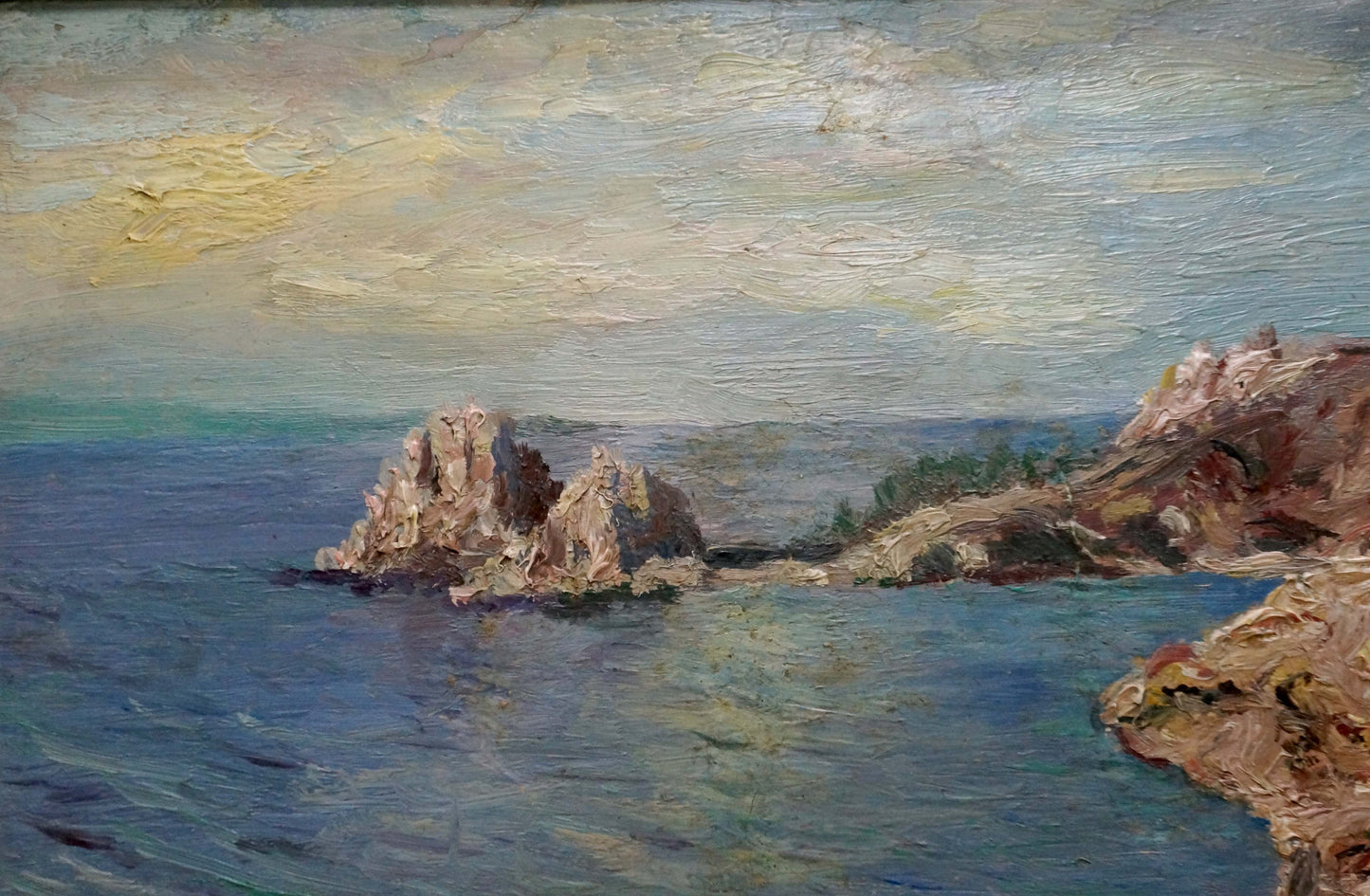 Textured oil painting of rugged coastal cliffs, turbulent seas, sun among clouds by unknown artist