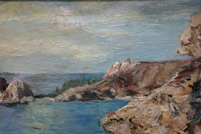 Oil painting of sea and sun among clouds, coastal cliffs by unknown artist