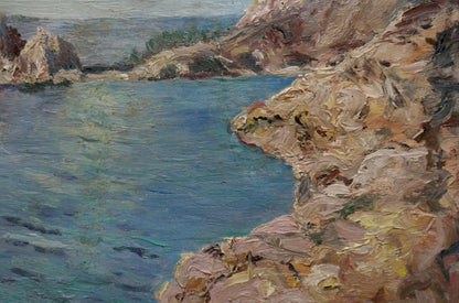 Textured oil painting of rugged coastal cliffs, sea, sun among clouds by unknown artist