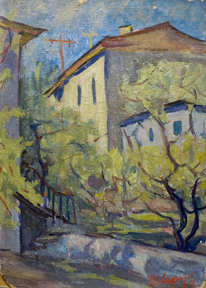 Oil painting of sunlit city street by Karelin Vyacheslav