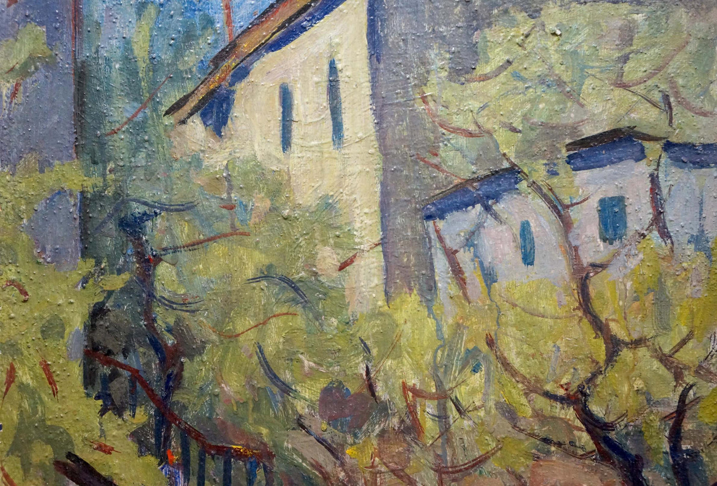Textured impressionist oil painting by Karelin Vyacheslav: white house with blue windows in green foliage