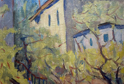 Textured impressionist oil painting by Karelin Vyacheslav: white house with blue windows in green foliage