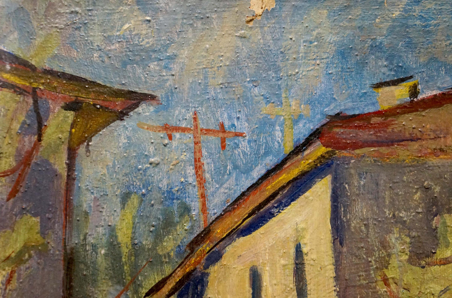 Oil painting of city street landscape by Karelin Vyacheslav, blue sky over rooftops