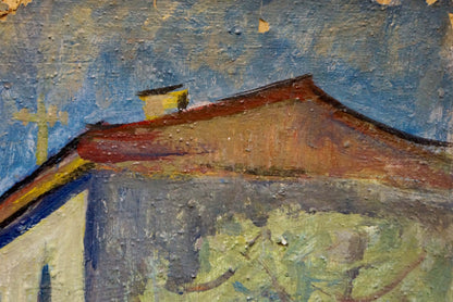 Oil painting of textured reddish-brown roof, yellow chimney, blue sky by Karelin Vyacheslav