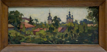 Oil painting by Basanets Petr Alekseevich: village landscape with church towers