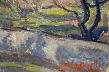 A textured oil painting featuring bold brushstrokes of green, blue, and earthy tones depicting a landscape with dark tree trunks.