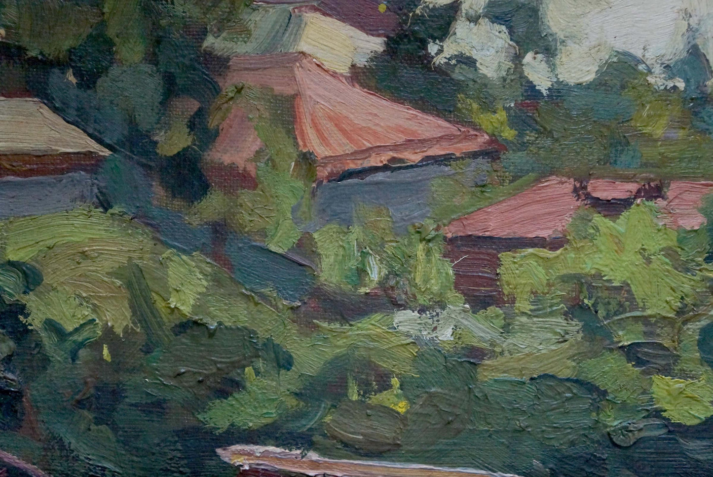 Oil painting by Basanets Petr Alekseevich: green foliage, terracotta houses