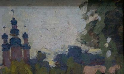 Oil painting by Basanets Petr Alekseevich: church with dark blue domes amid foliage