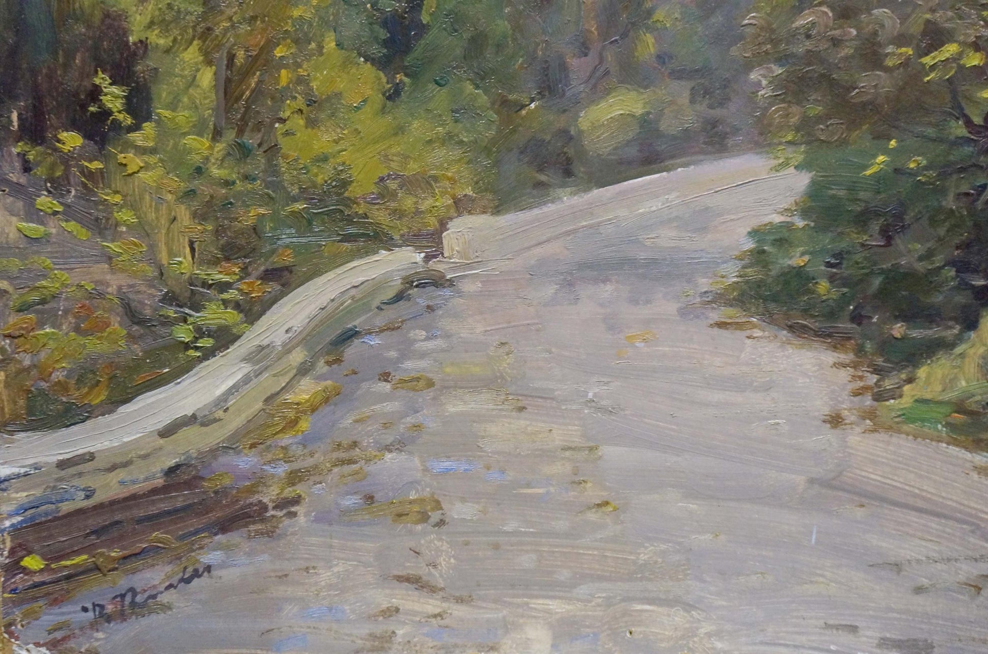 Oil painting by Kisil Grigory Alekseevich: winding road through lush green forest