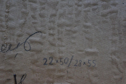Back of oil painting by Basanets Petr Alekseevich: gray textured wall with handwritten markings