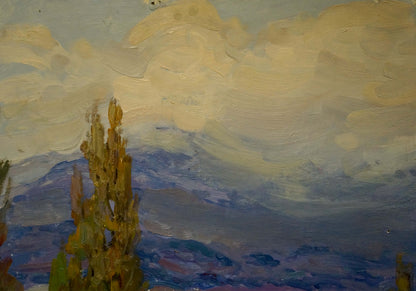 Oil painting Road to the mountains by Kisil Grigory Alekseevich: tall tree with golden foliage before blue-purple mountains