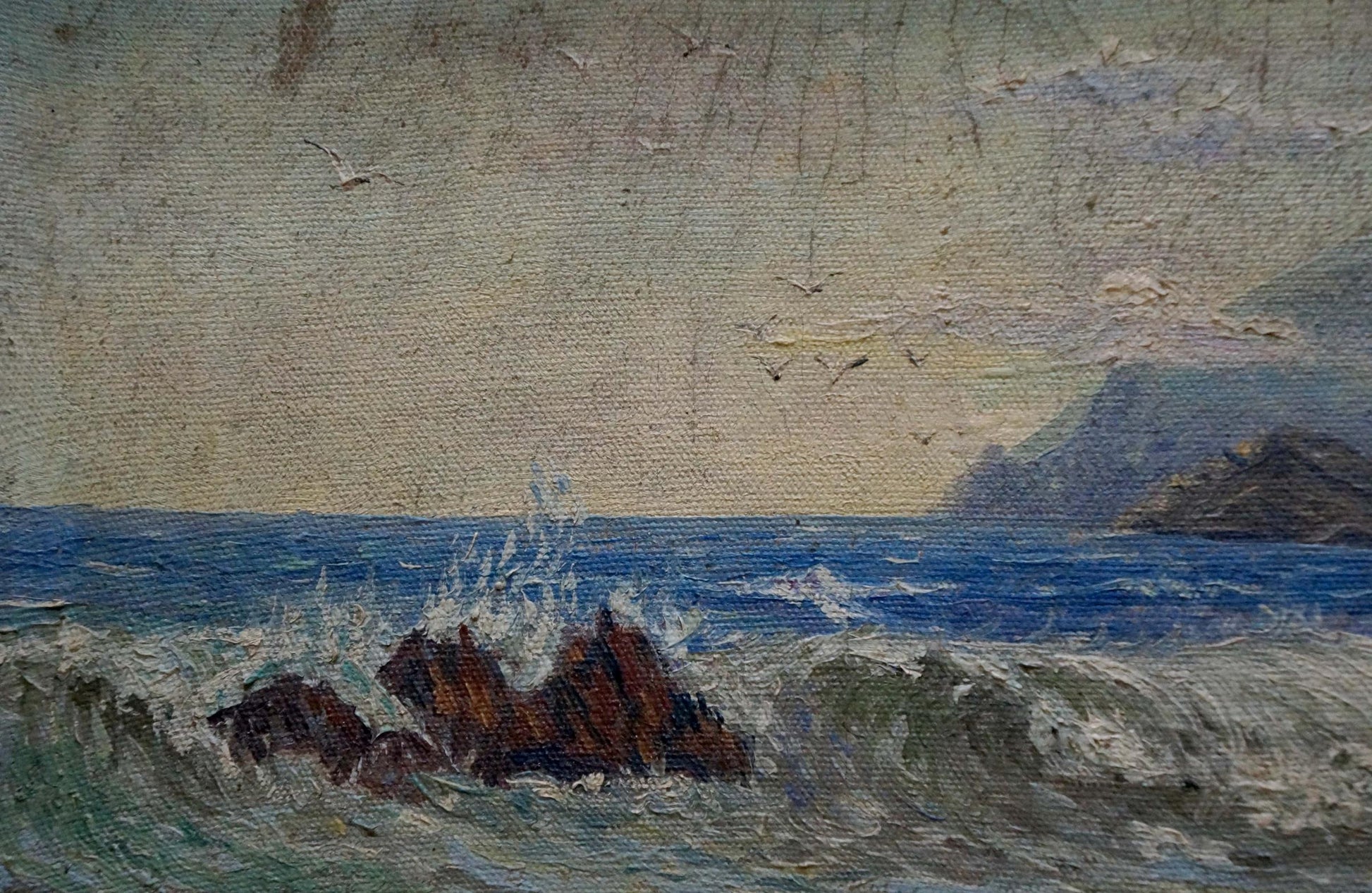 Textured oil painting of turbulent seascape waves crashing on rugged mountain shore rocks