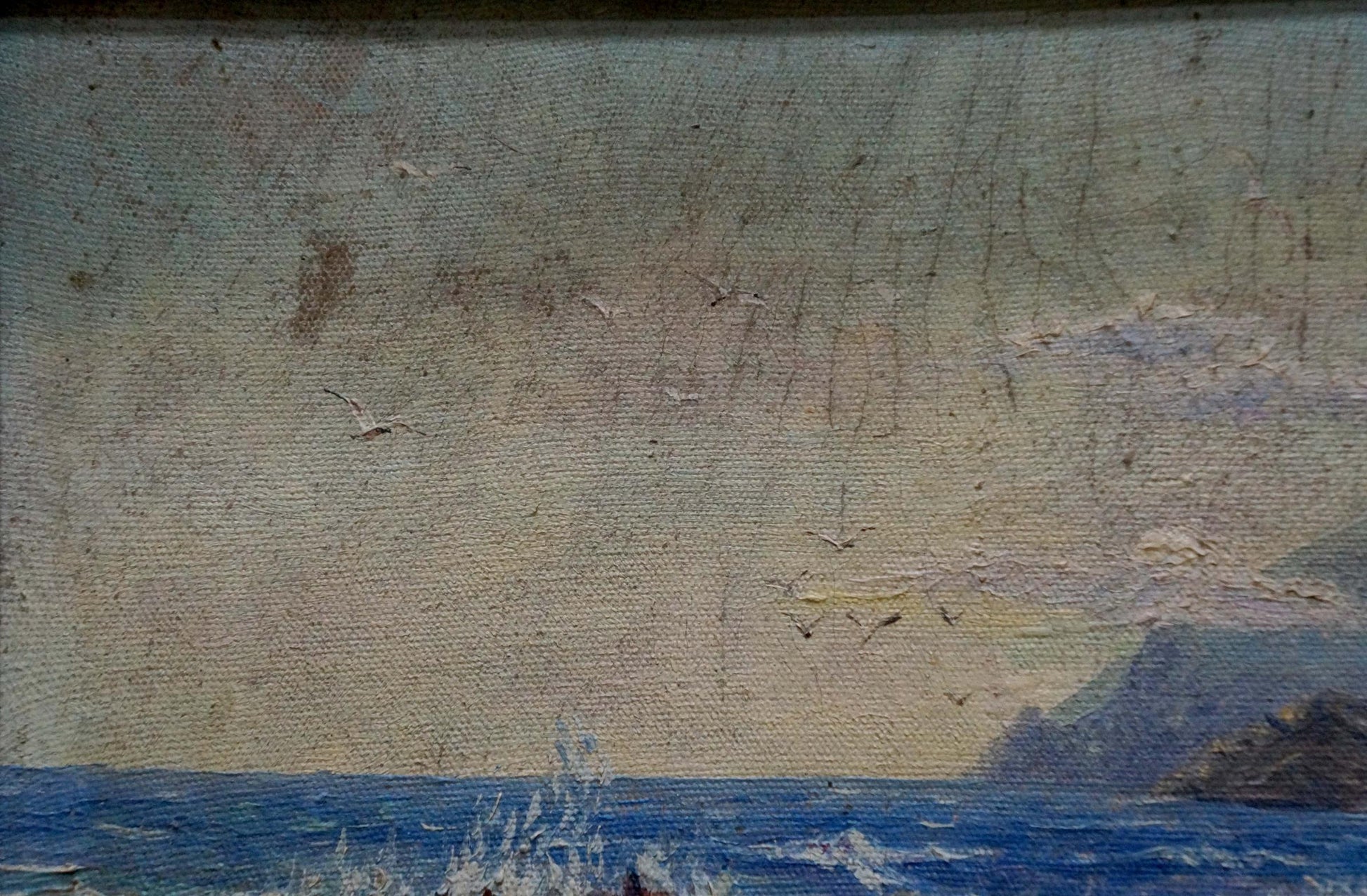 Weathered oil painting of seascape and mountain shore by unknown artist