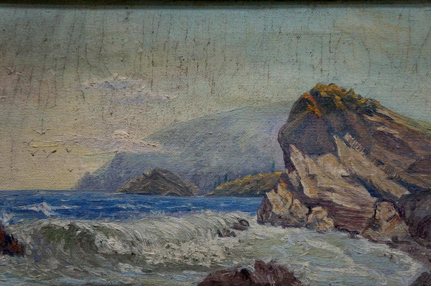 Textured oil painting of rugged seascape with crashing waves, rocky cliffs and muted sky