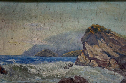 Textured oil painting of rugged seascape with crashing waves, rocky cliffs and muted sky