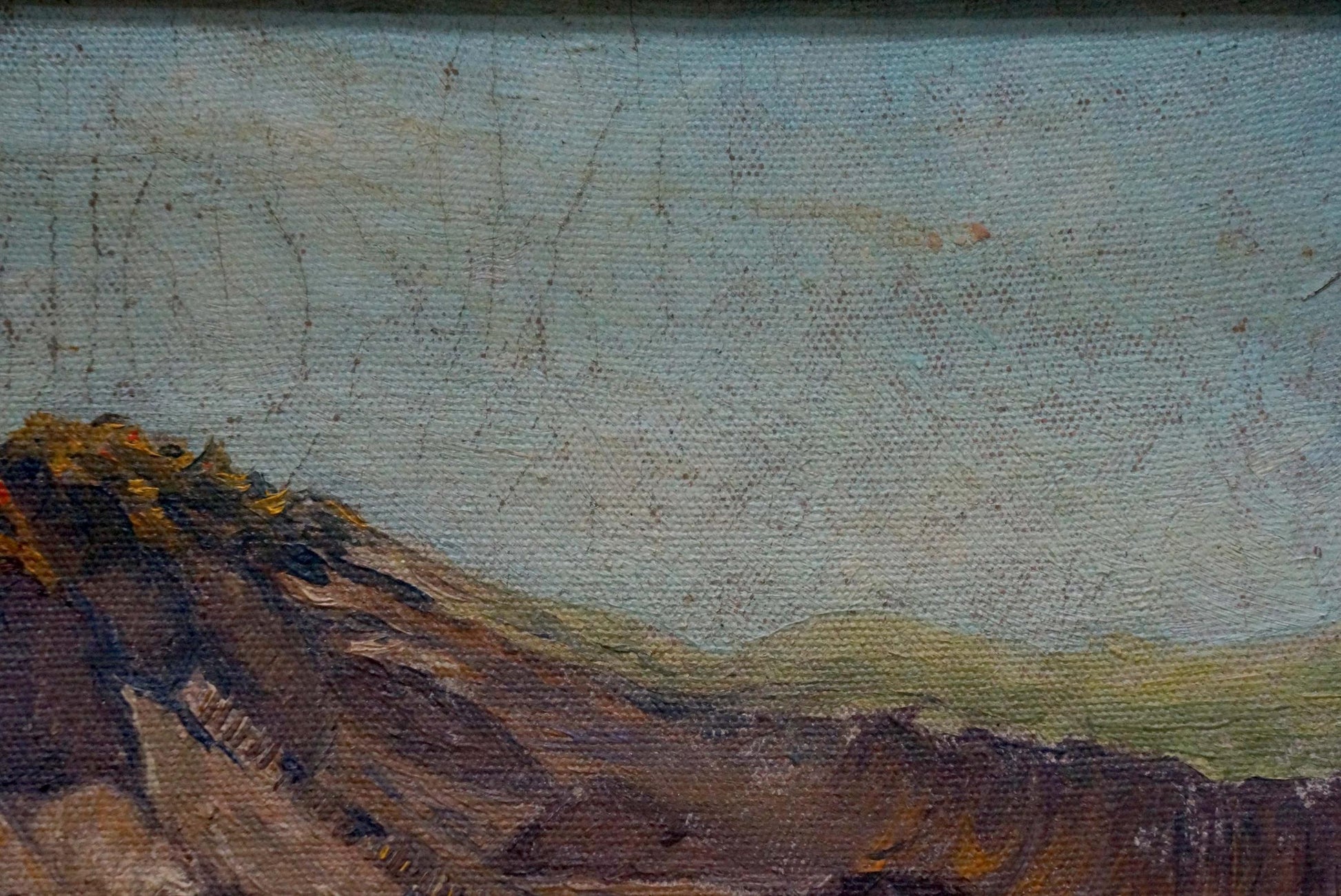 Oil painting of rugged mountain shore seascape by unknown artist