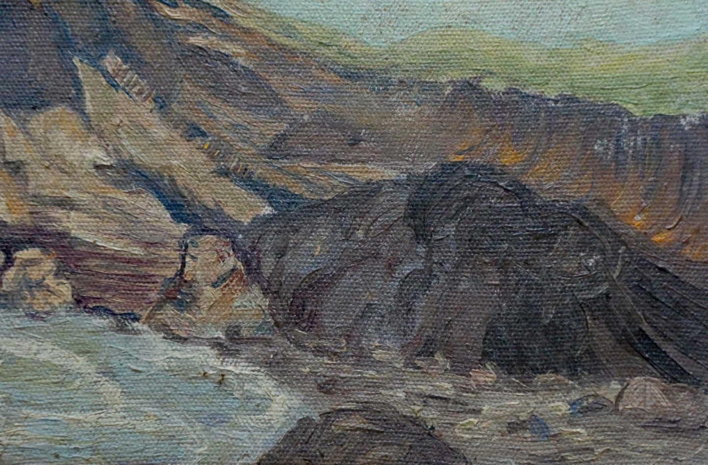 Oil painting of rugged cliffs and turbulent sea by unknown artist