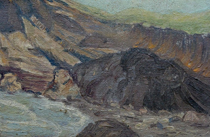 Oil painting of rugged cliffs and turbulent sea by unknown artist