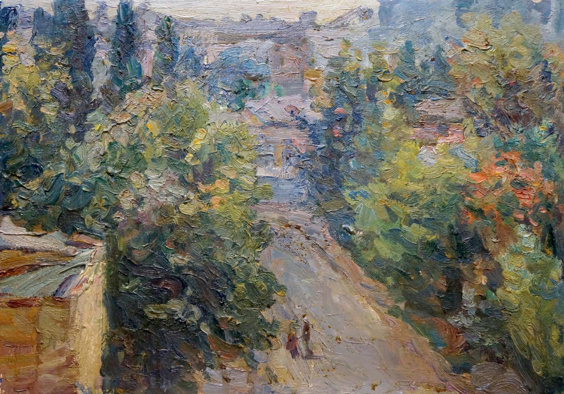 Impressionistic oil painting by Migulko Viktor Vasilievich of urban landscape path through lush trees