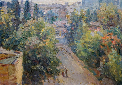 Impressionistic oil painting by Migulko Viktor Vasilievich of urban landscape path through lush trees