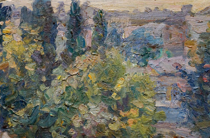 Impasto oil painting by Migulko Viktor Vasilievich: lush green foliage, blue cypresses