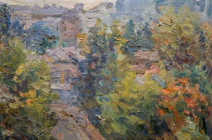 Oil painting of lush green urban landscape by Migulko Viktor Vasilievich